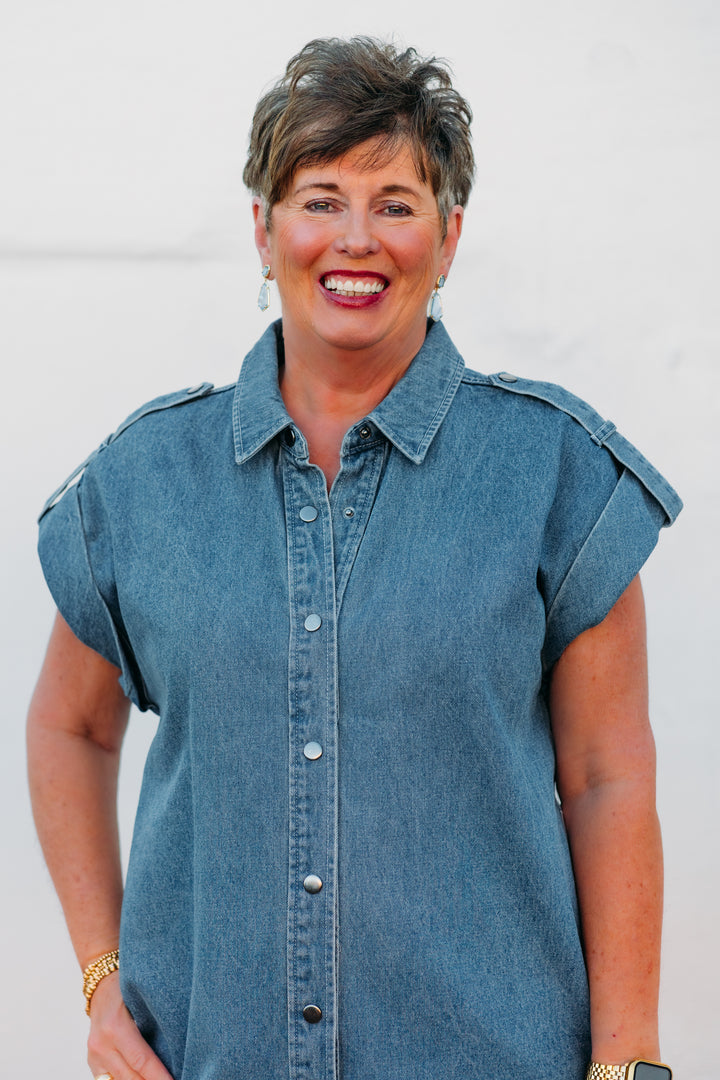 Karen Kane: Cap Sleeve Denim Shirtdress