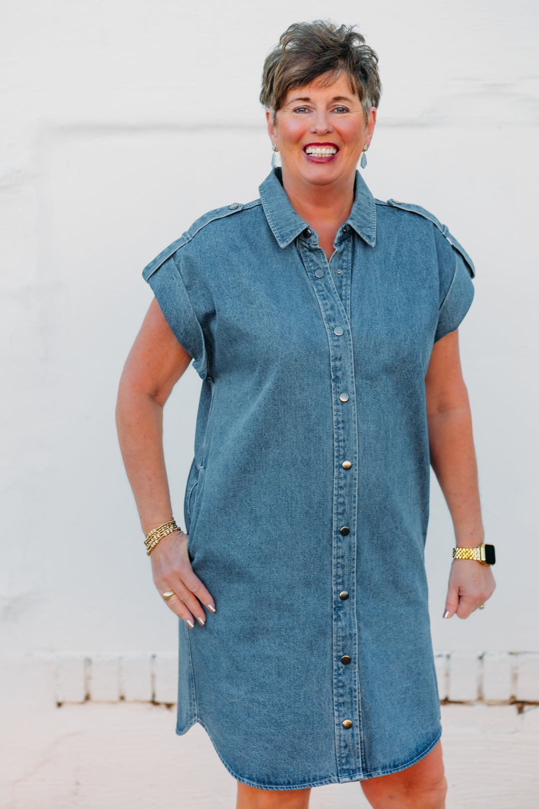 Karen Kane: Cap Sleeve Denim Shirtdress