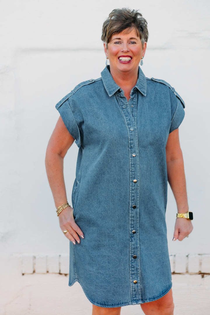 Karen Kane: Cap Sleeve Denim Shirtdress