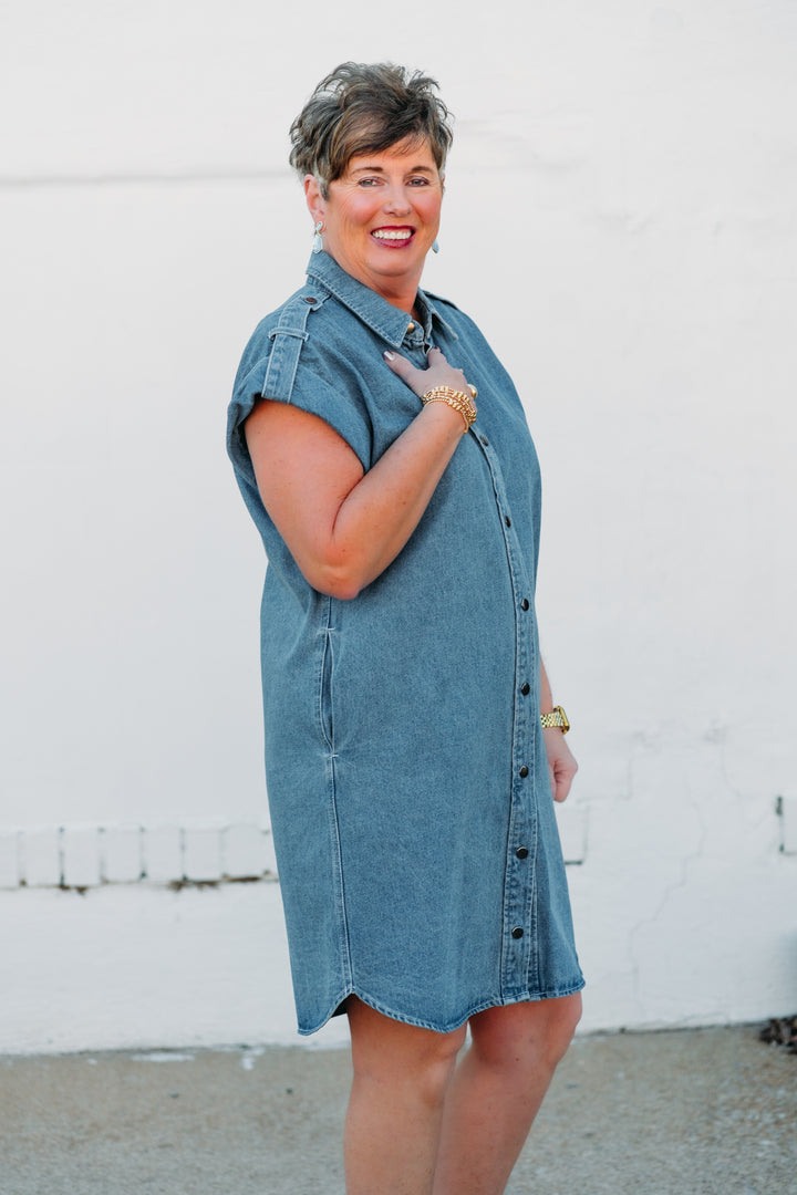 Karen Kane: Cap Sleeve Denim Shirtdress