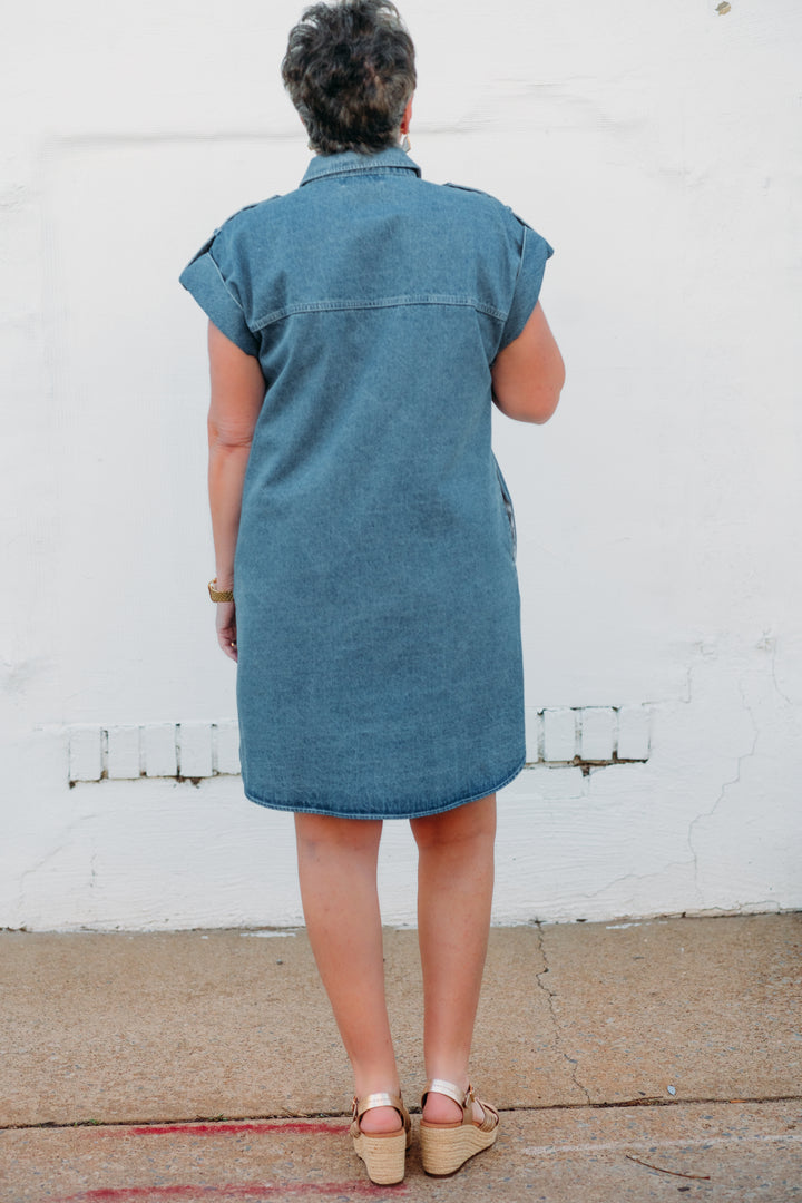Karen Kane: Cap Sleeve Denim Shirtdress