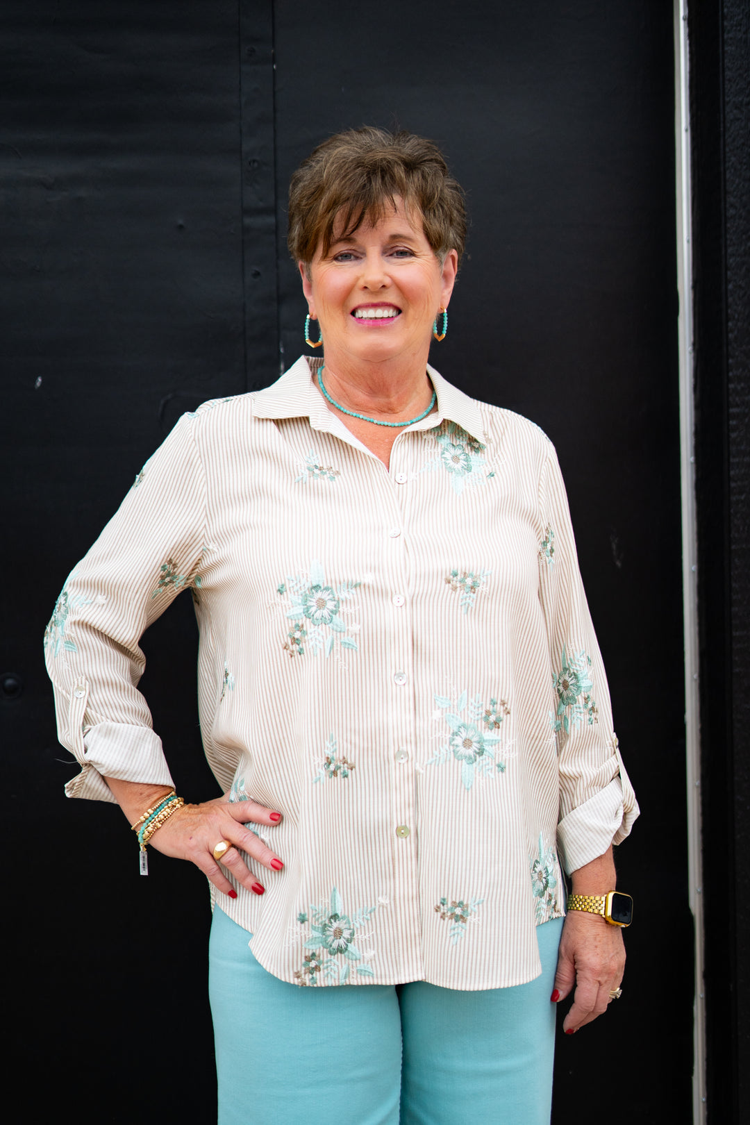 Multiples: Roll Tab Front Button Shirt W/ Embroidery (M35411BM)