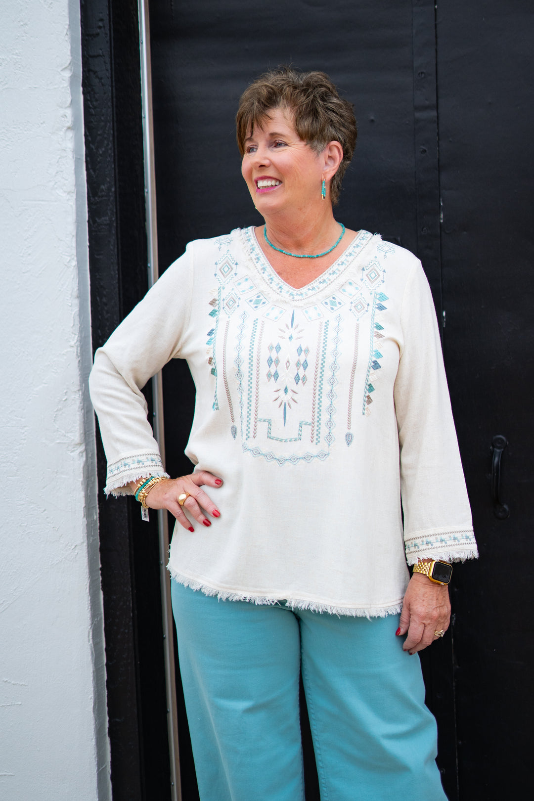 Multiples: 3/4 Sleeve Top W/ Embroidery (M35408TM)