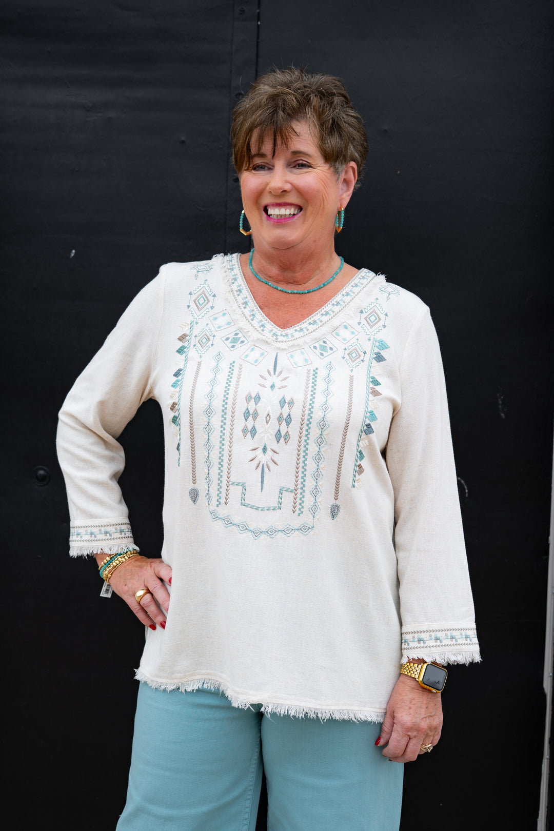 Multiples: 3/4 Sleeve Top W/ Embroidery (M35408TM)