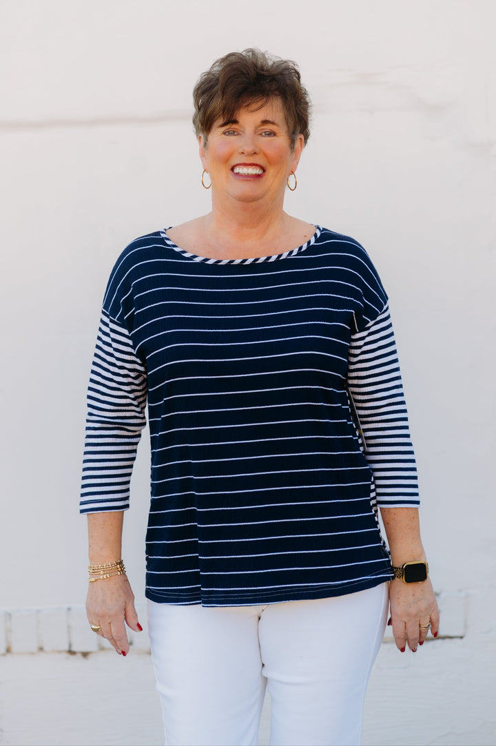 Multiples: 3/4 Sleeve Scoop Neck Laced Tie Back Hi-Lo Top in MIDNGT M15508TM