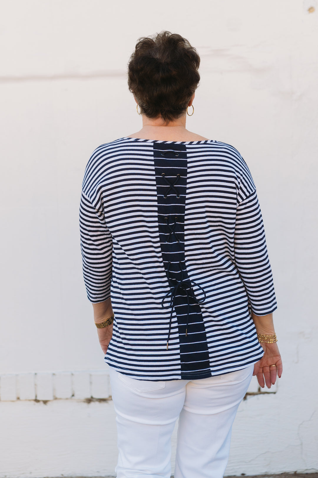 Multiples: 3/4 Sleeve Scoop Neck Laced Tie Back Hi-Lo Top in MIDNGT M15508TM