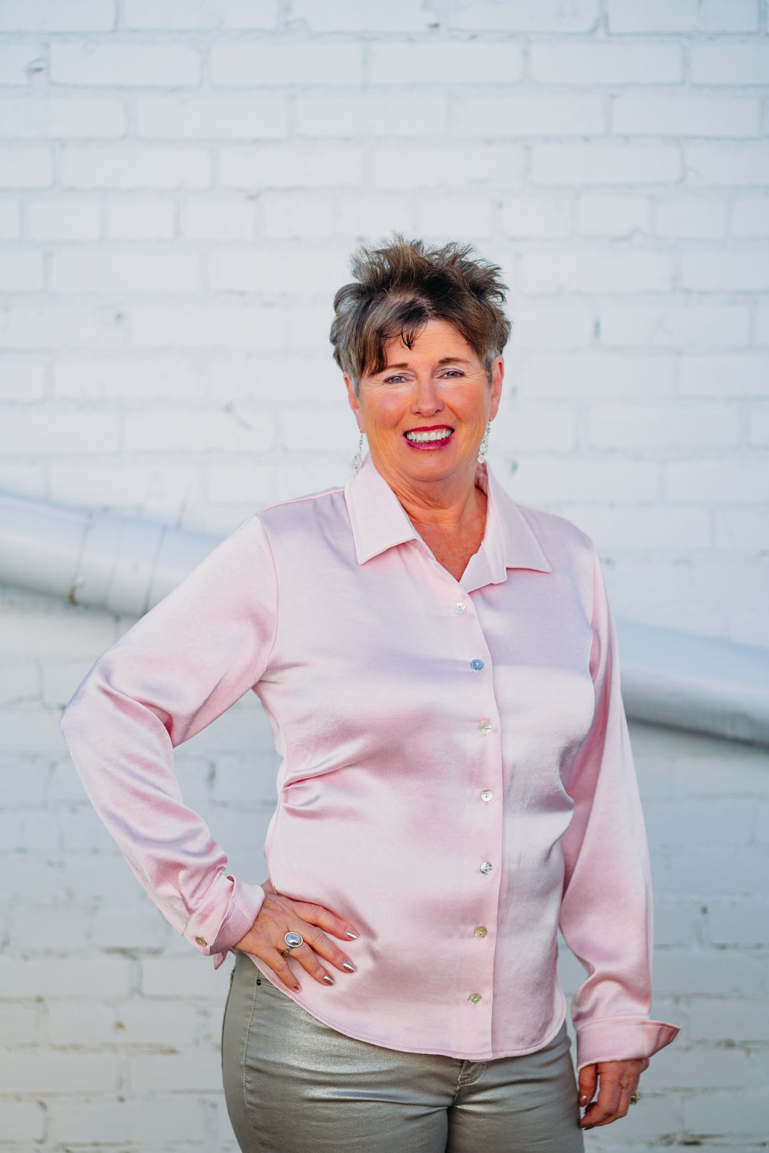 Karen Kane: Satin Side Pleat Shirt in Pink