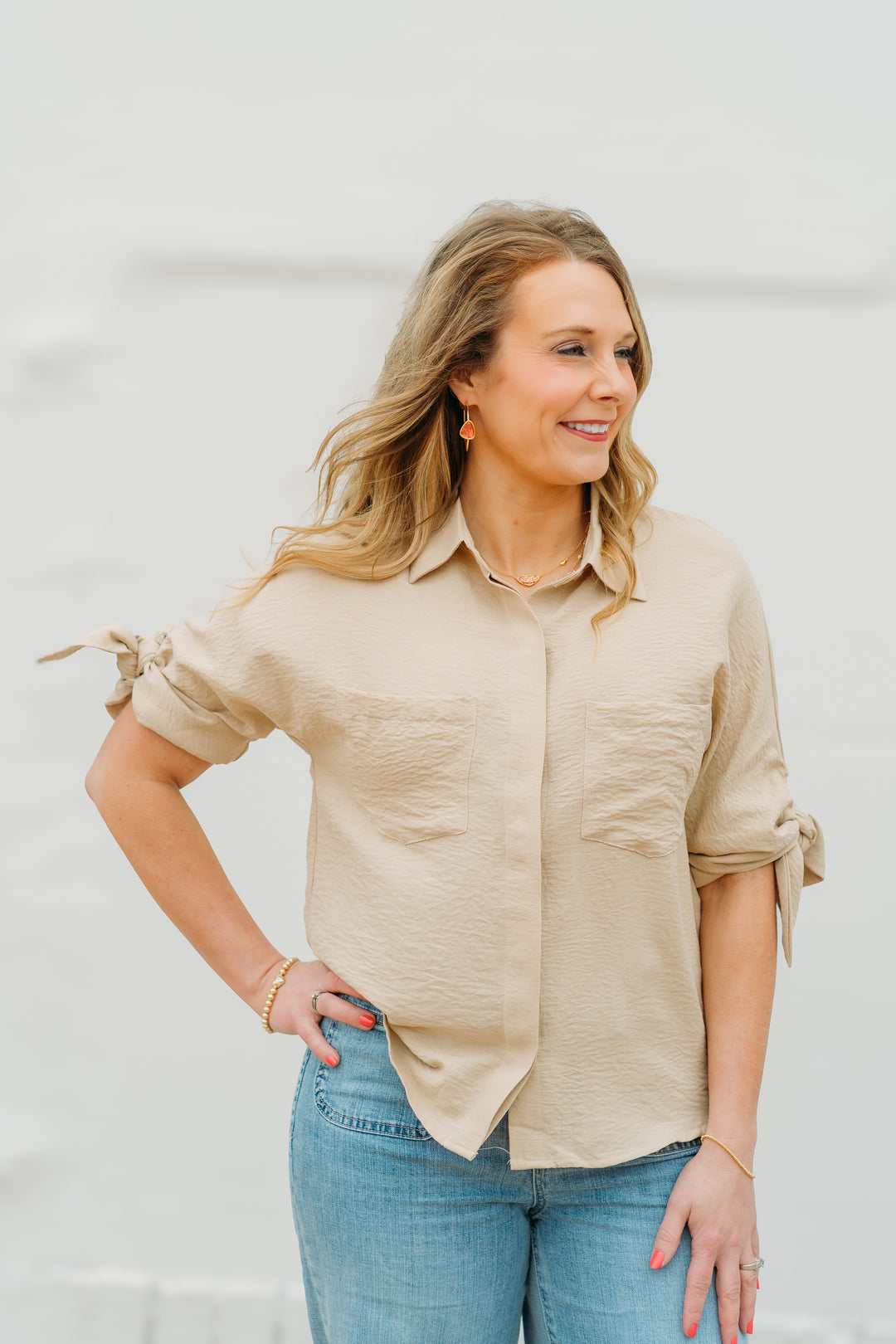 Joy Joy: Almond Tie Sleeve Shirt 72C4911