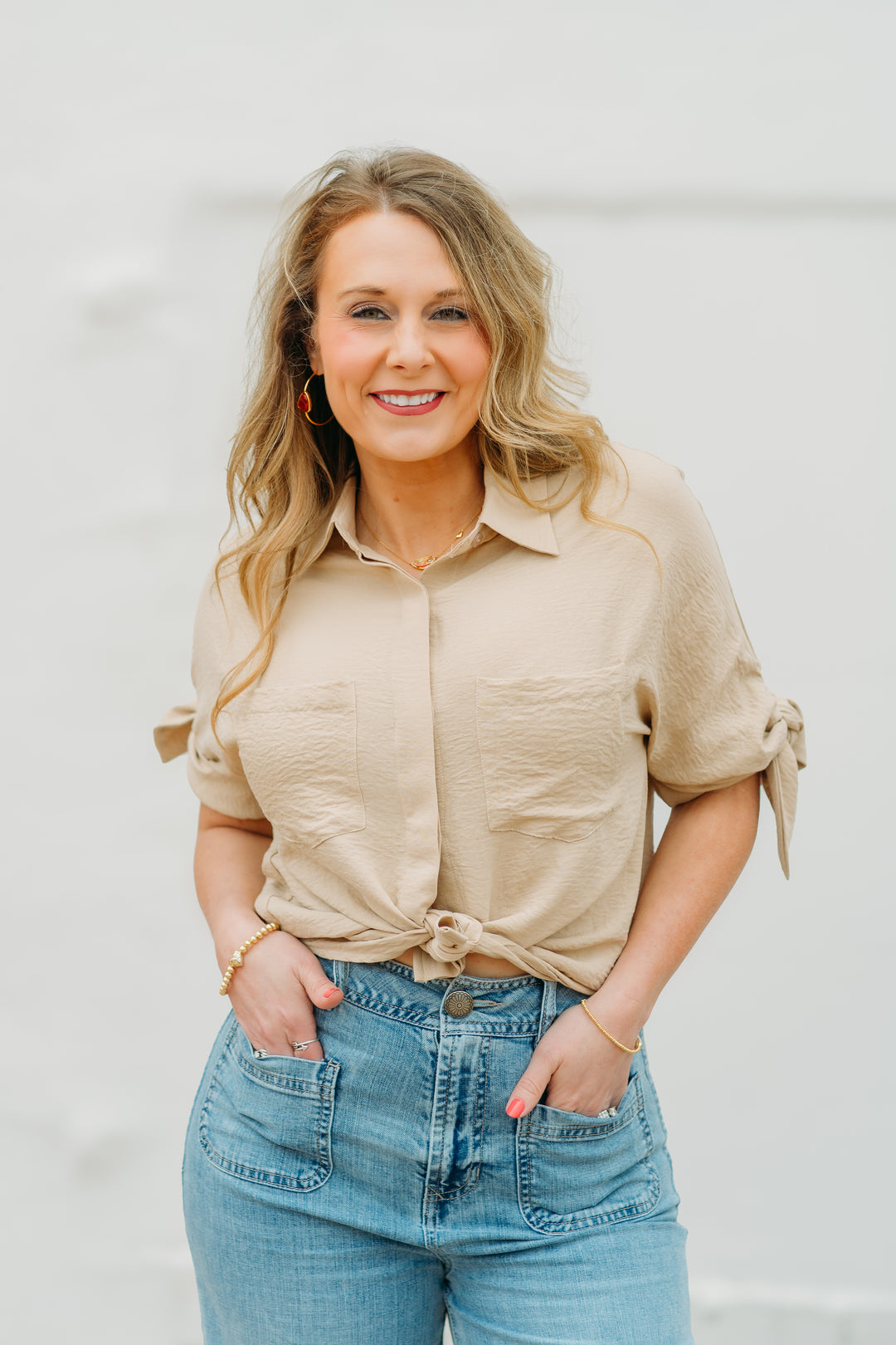 Joy Joy: Almond Tie Sleeve Shirt 72C4911