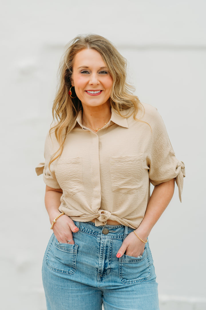 Joy Joy: Almond Tie Sleeve Shirt 72C4911