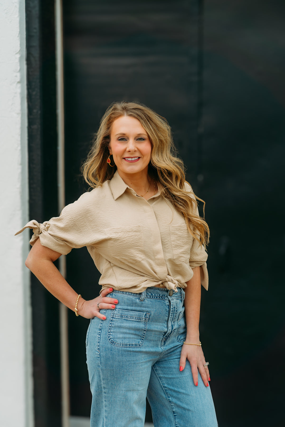 Joy Joy: Almond Tie Sleeve Shirt 72C4911