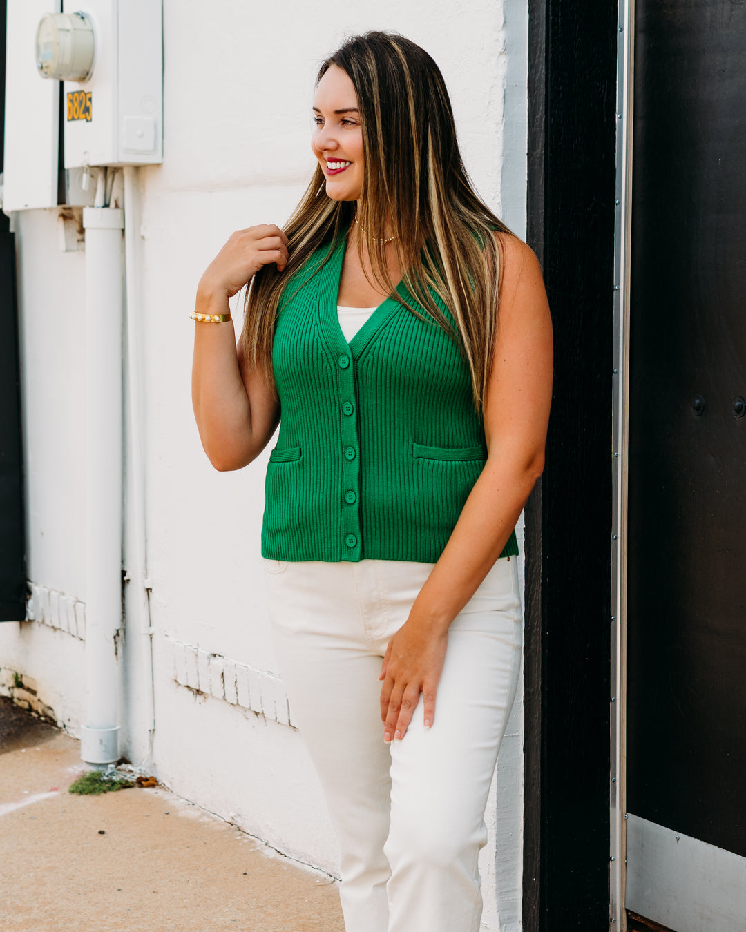 Karen Kane: Ribbed Button Sweater Vest in Emerald