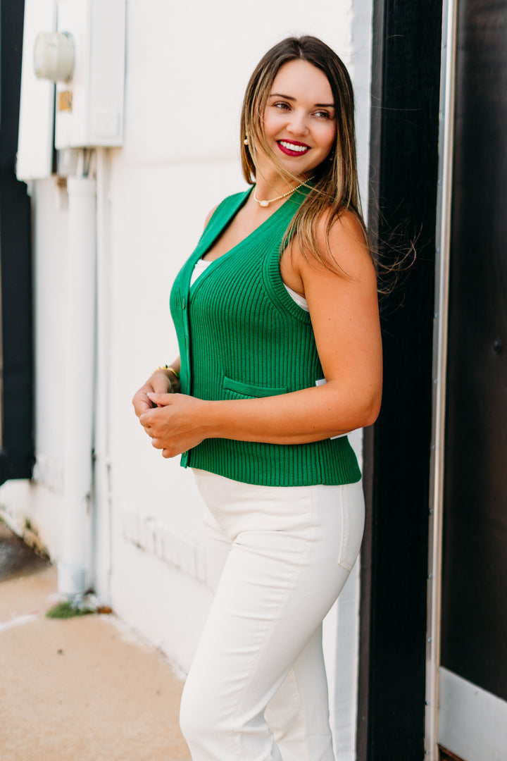 Karen Kane: Ribbed Button Sweater Vest in Emerald