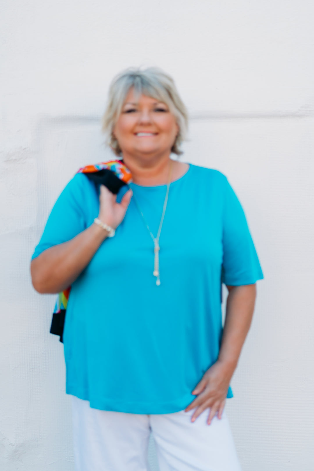 Multiples: (Fiesta) Elbow Sleeve Scoop Neck Top in BRTTRQ M25102TM