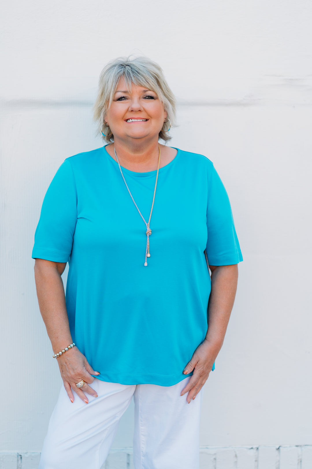 Multiples: (Fiesta) Elbow Sleeve Scoop Neck Top in BRTTRQ M25102TM