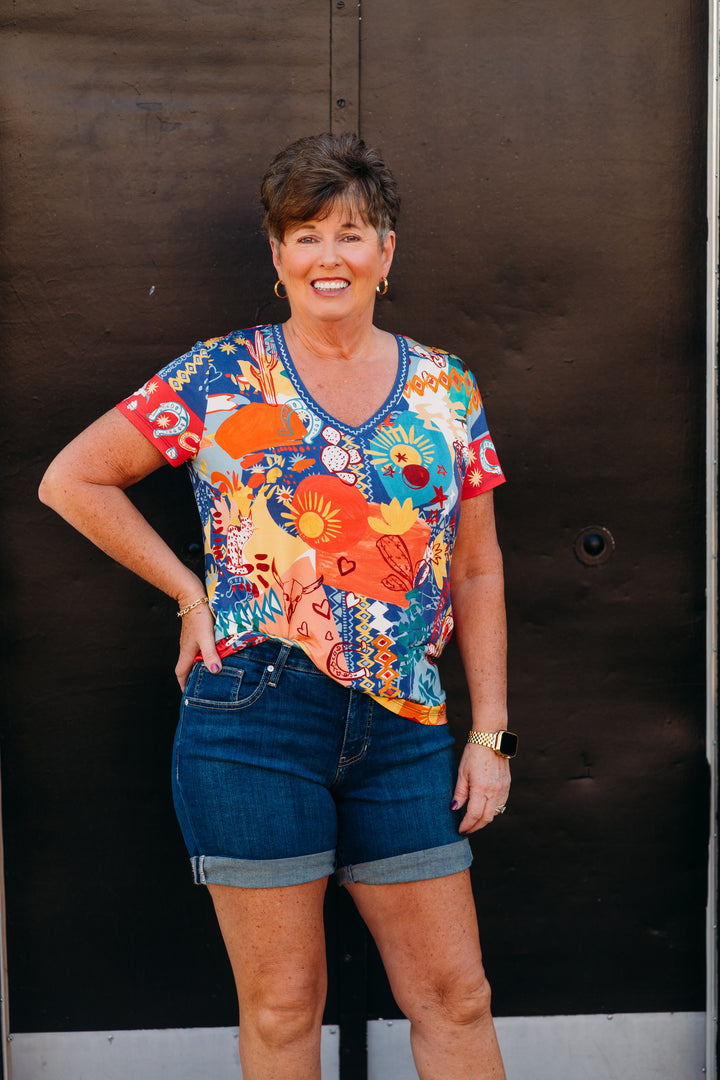 Johnny Was: Janie Favorite Short Sleeve V-Neck Tee in Liberty Scarf