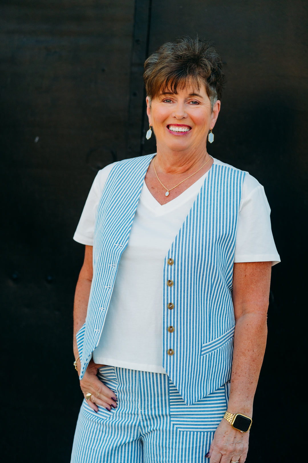 Karen Kane: Stripe Button Up Vest White & Blue