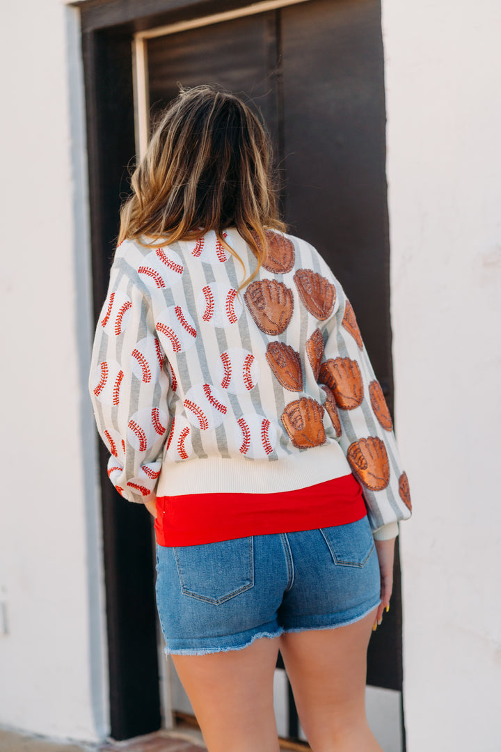 Queen Of Sparkles: Grey & White Stripe Baseball & Glove Cardigan