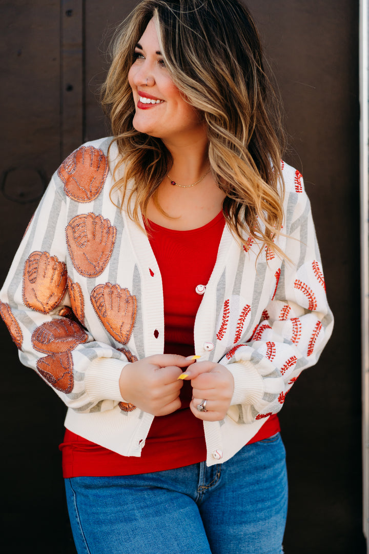 Queen Of Sparkles: Grey & White Stripe Baseball & Glove Cardigan