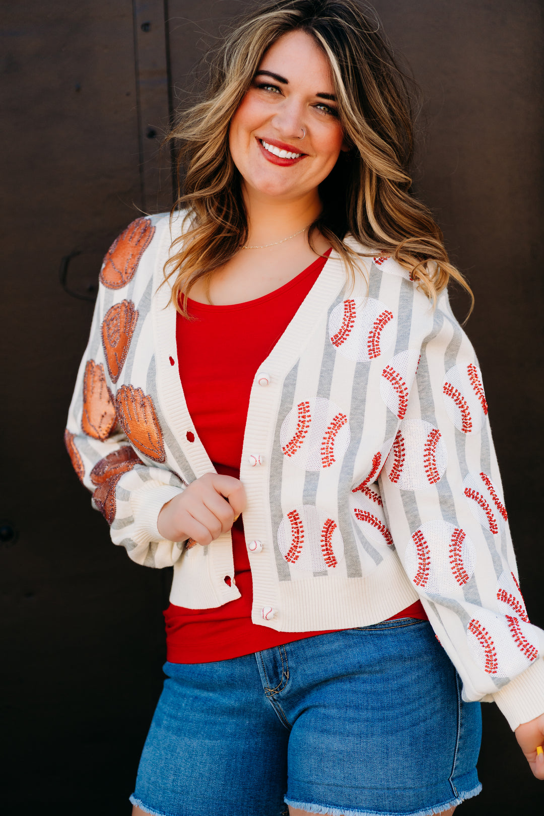 Queen Of Sparkles: Grey & White Stripe Baseball & Glove Cardigan