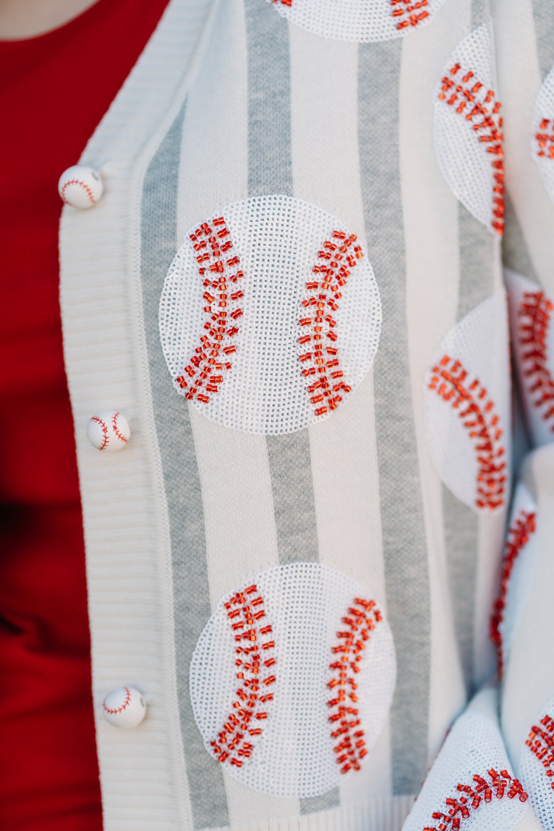 Queen Of Sparkles: Grey & White Stripe Baseball & Glove Cardigan
