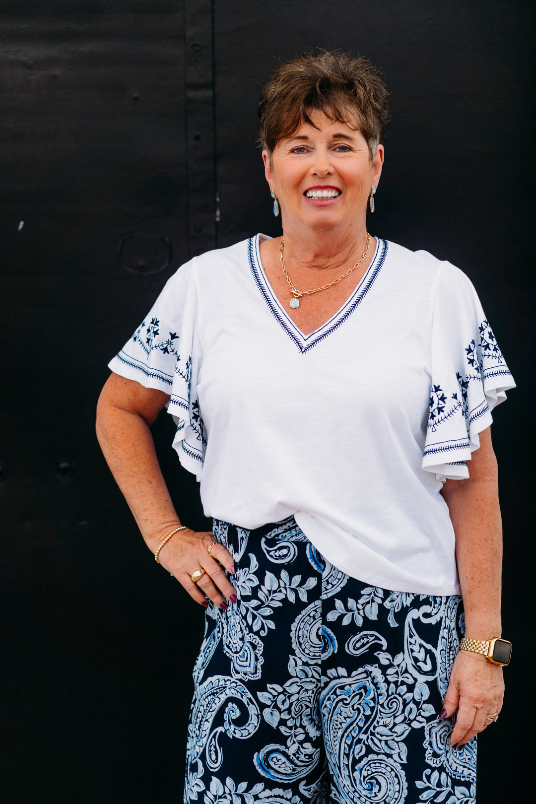 Karen Kane: Embroidered Flutter Sleeve Top in Off White