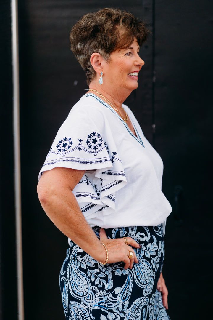 Karen Kane: Embroidered Flutter Sleeve Top in Off White