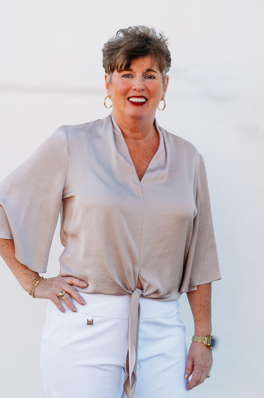 Joseph Ribkoff: Satin V-neck Top with Front Tie