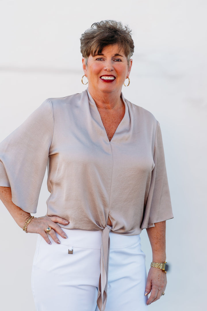 Joseph Ribkoff: Satin V-neck Top with Front Tie