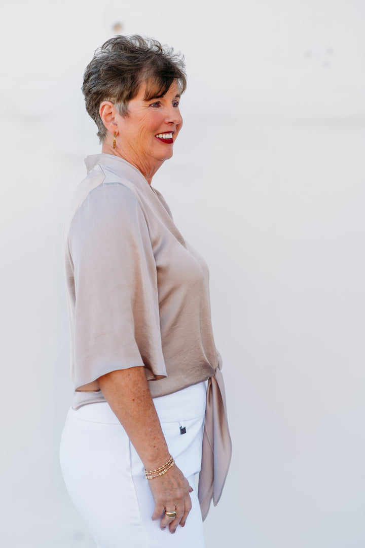 Joseph Ribkoff: Satin V-neck Top with Front Tie