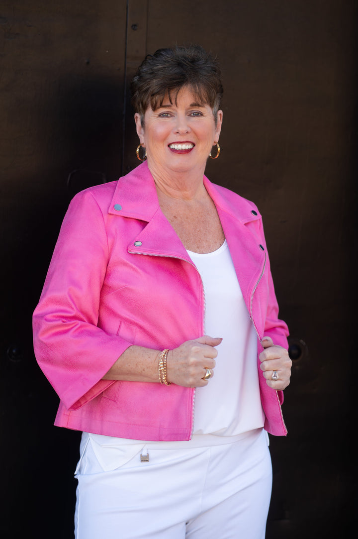 Joseph Ribkoff: Foiled Faux Suede Jacket in Bubble Gum