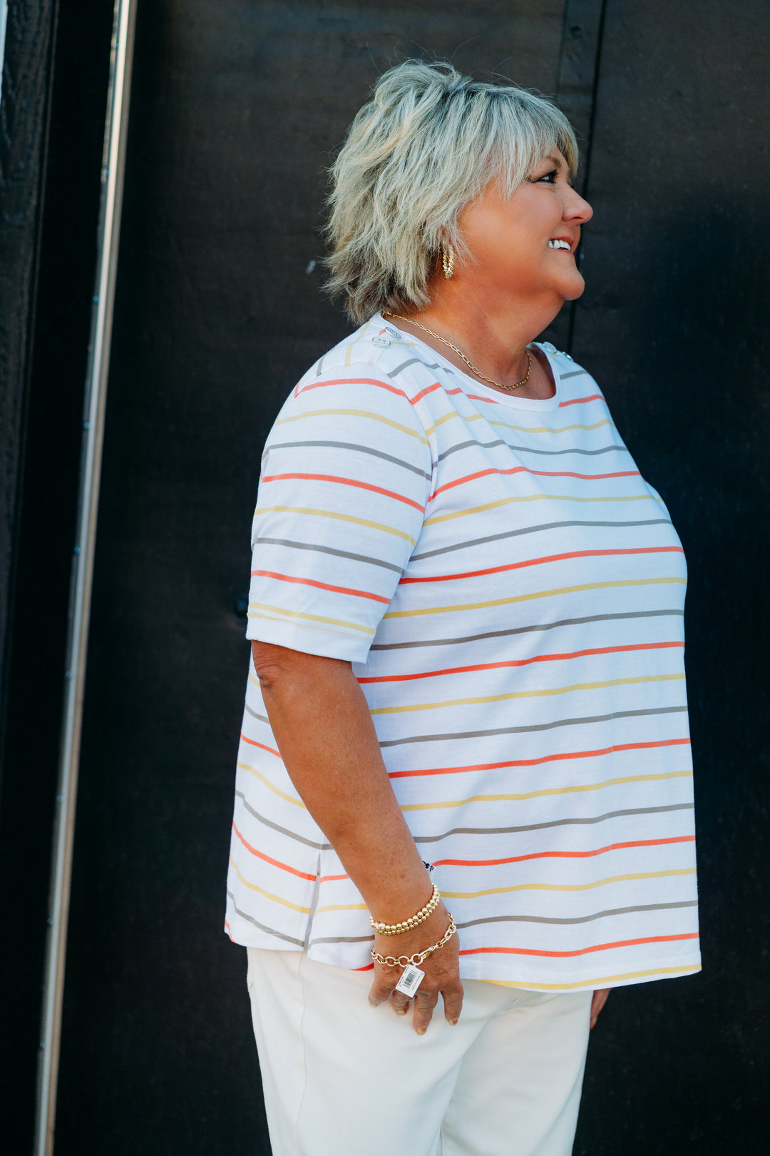 Multiples: (Island Tropics) Cuffed Elbow Sleeve Bateau Stripe Jersey Knit Top Multi M25308TM