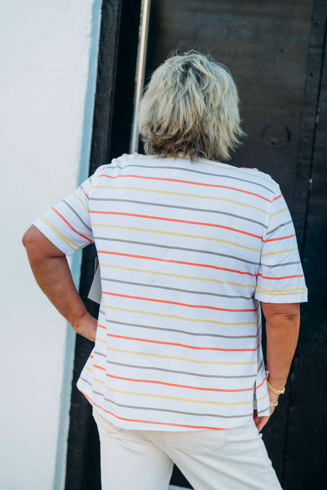 Multiples: (Island Tropics) Cuffed Elbow Sleeve Bateau Stripe Jersey Knit Top Multi M25308TM