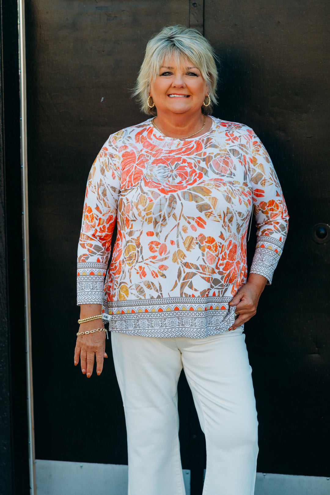 Multiples: (Island Tropics) 3/4 Sleeve Scoop Embellished Knit Top M25311TM