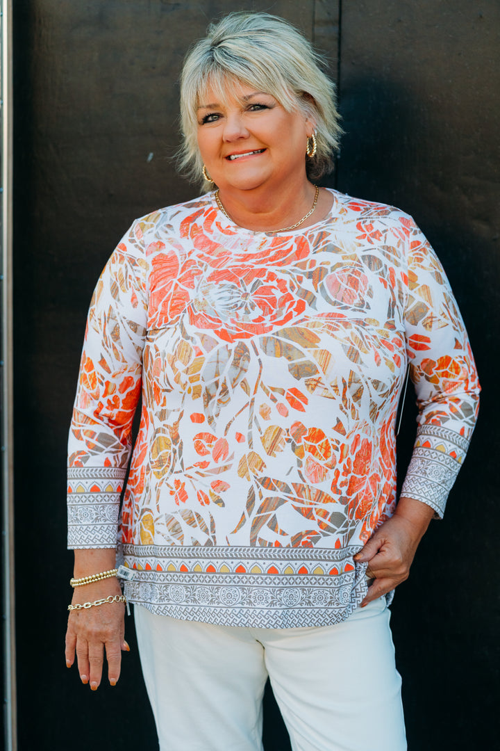 Multiples: (Island Tropics) 3/4 Sleeve Scoop Embellished Knit Top M25311TM