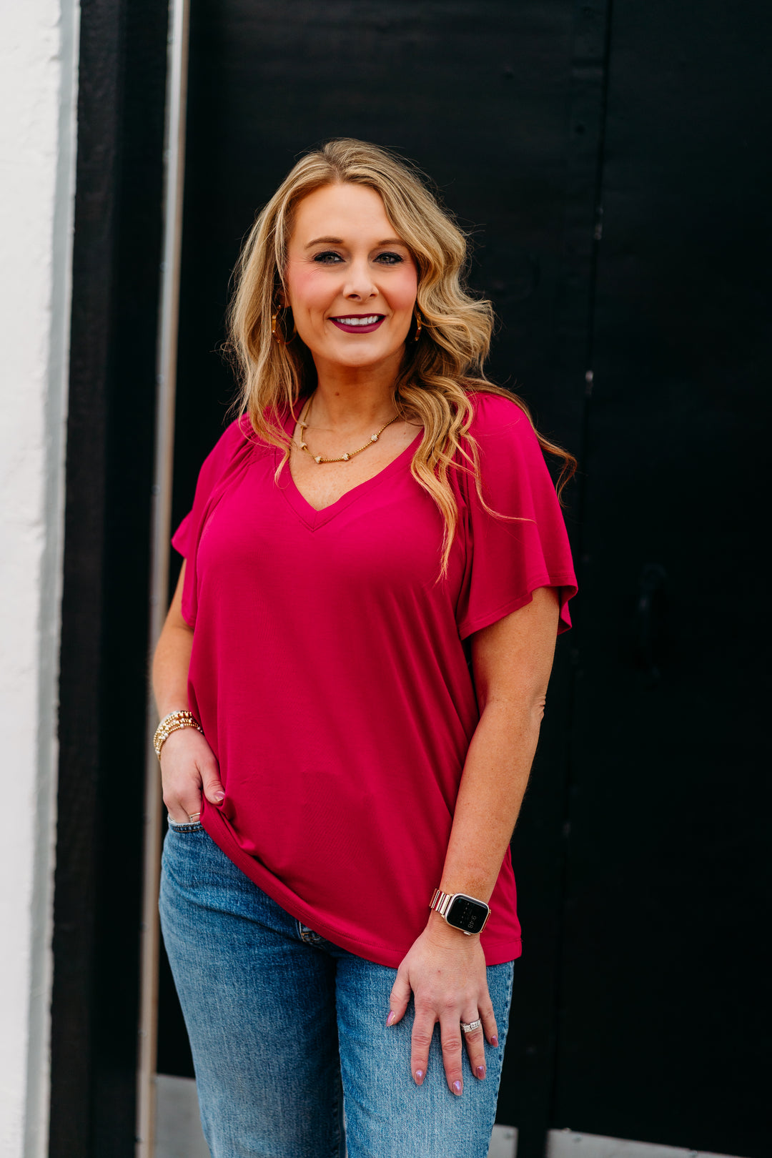 Liverpool: Short Flutter Sleeve V-Neck Top in Cersie LM8F14VMK