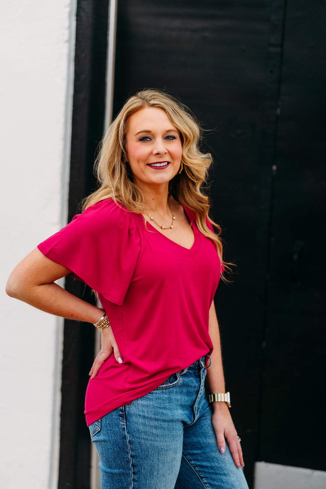 Liverpool: Short Flutter Sleeve V-Neck Top in Cersie LM8F14VMK