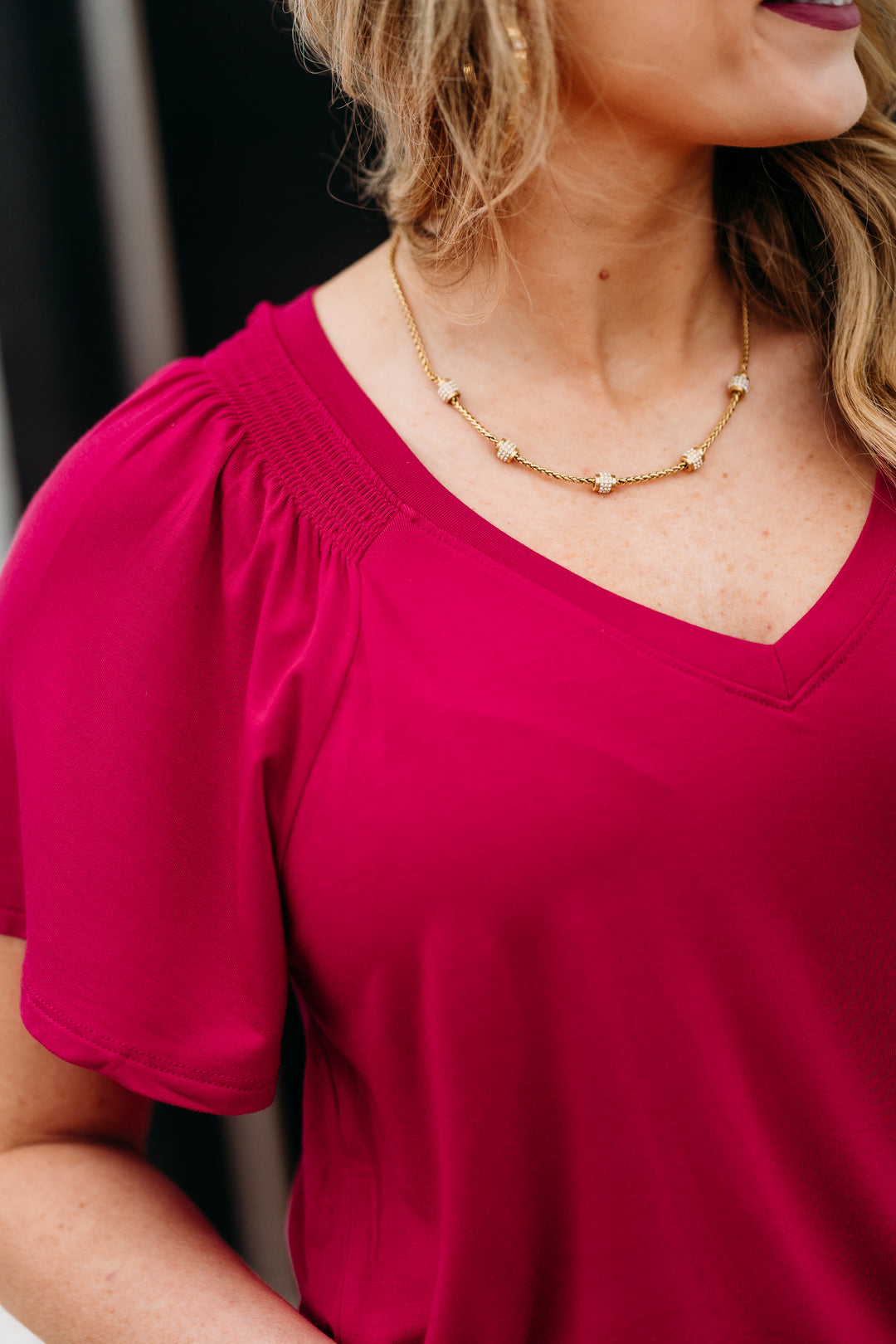 Liverpool: Short Flutter Sleeve V-Neck Top in Cersie LM8F14VMK