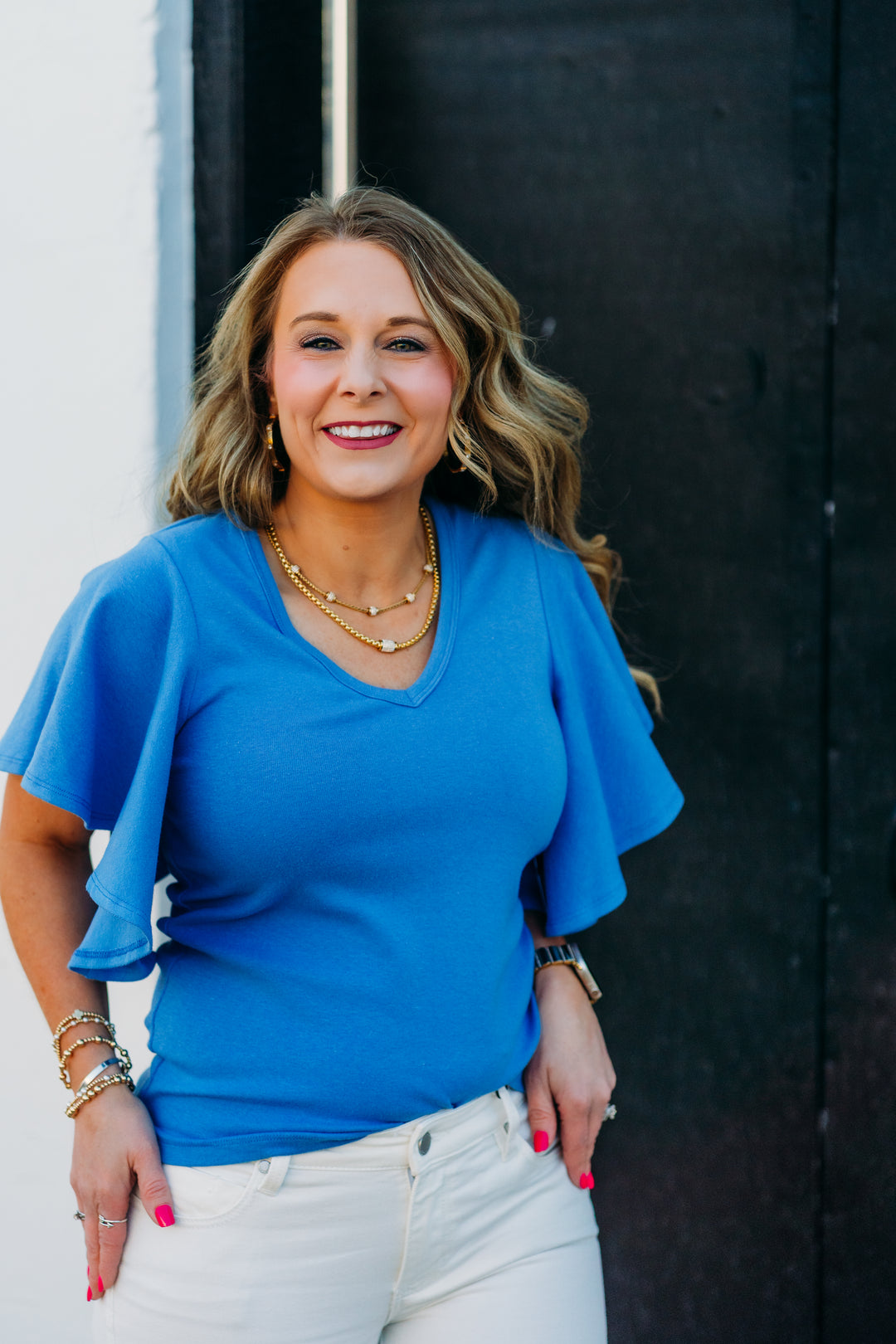 Karen Kane: Flutter Sleeve Tee in Dusty Blue