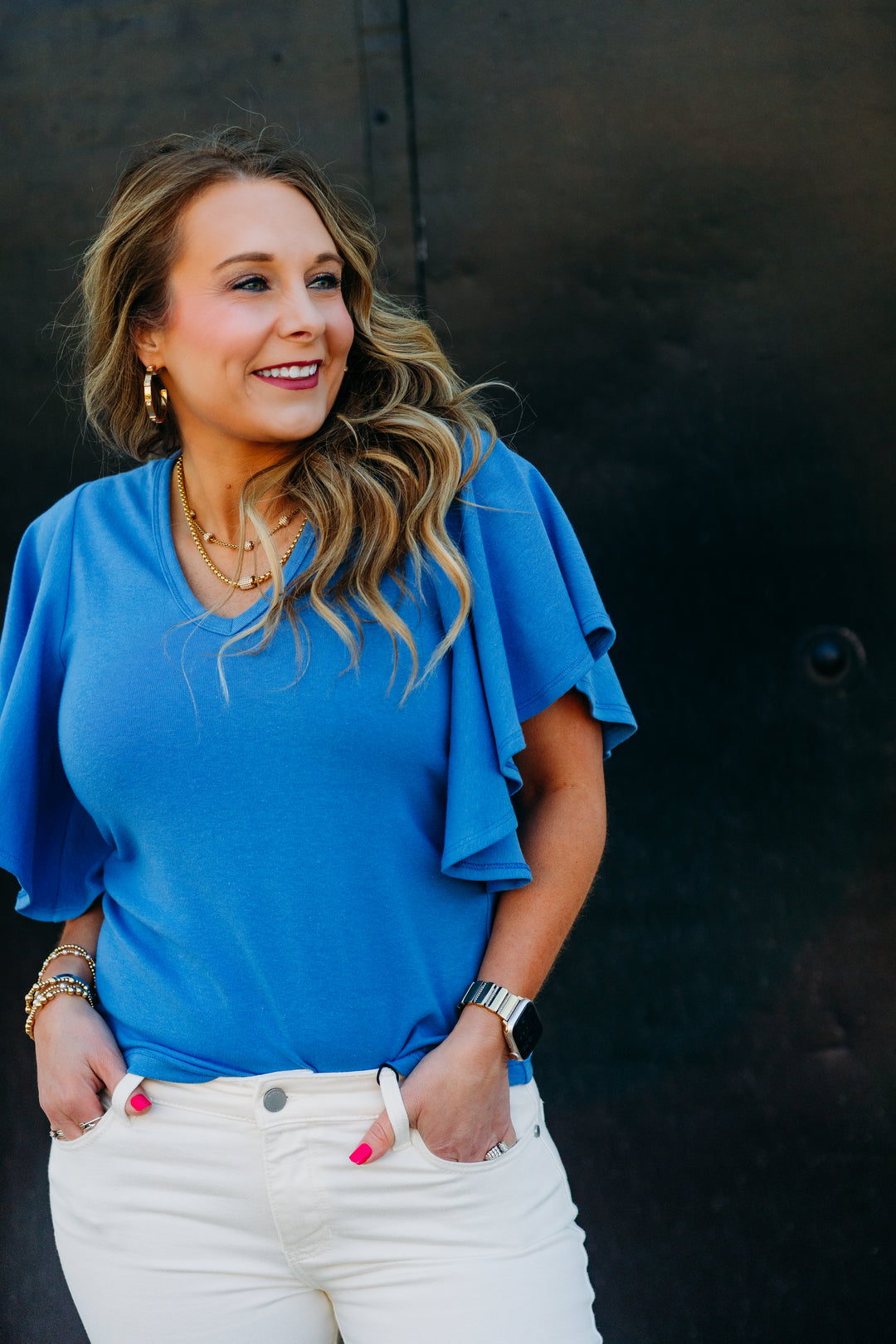 Karen Kane: Flutter Sleeve Tee in Dusty Blue