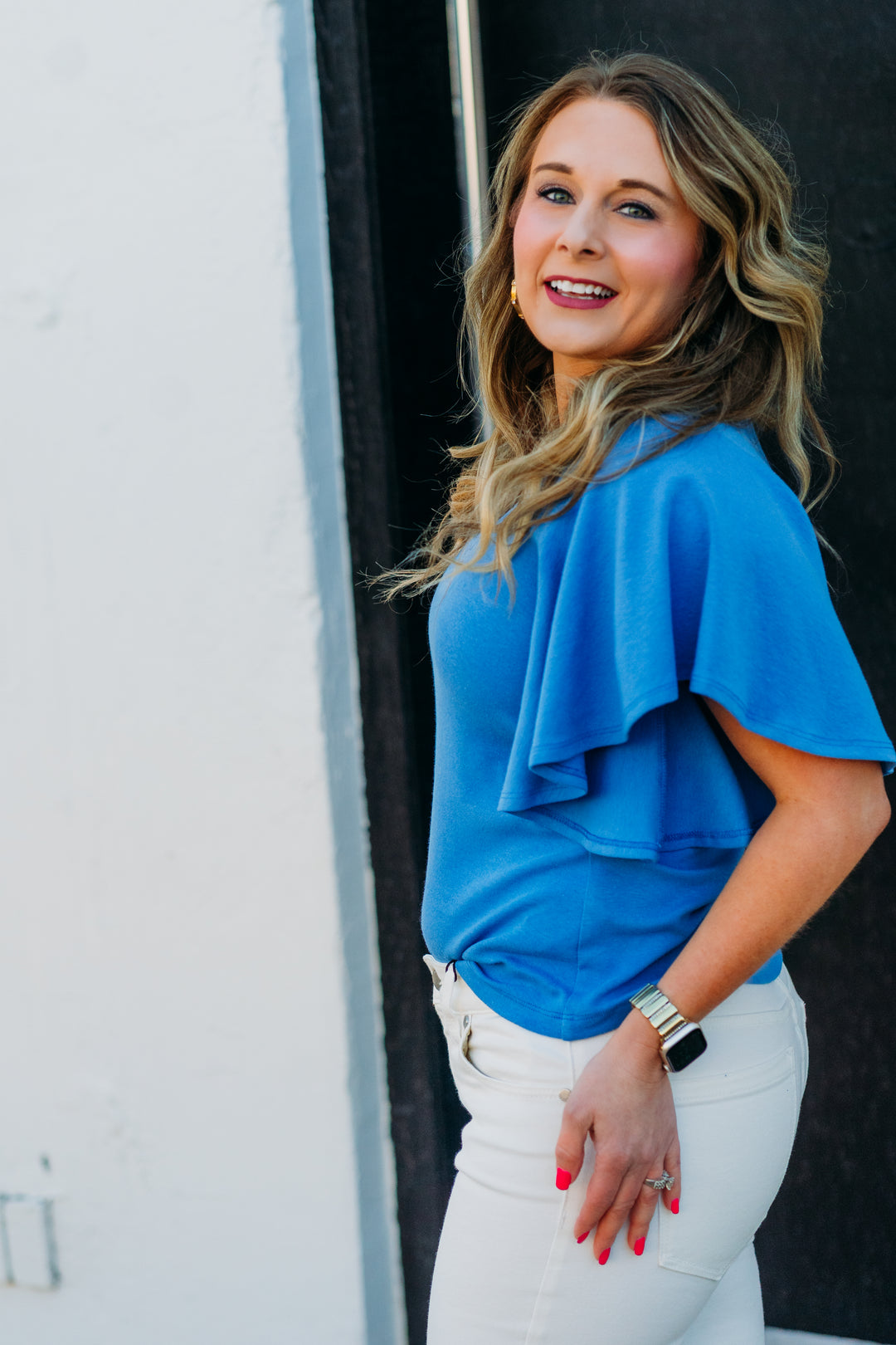 Karen Kane: Flutter Sleeve Tee in Dusty Blue