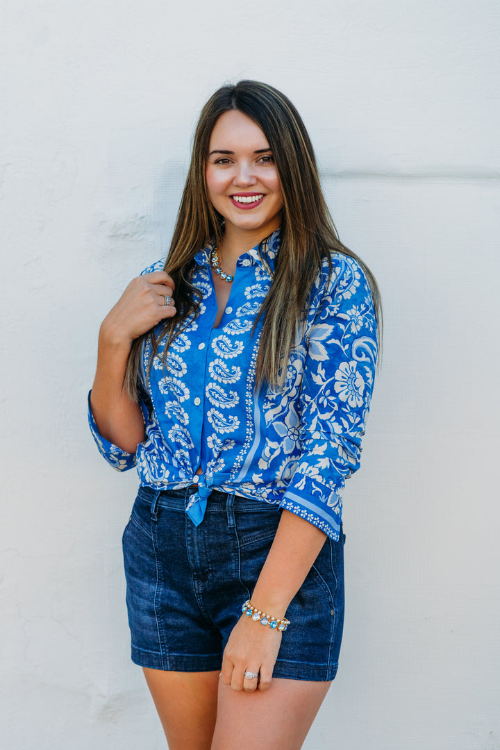 Karen Kane: Ruched Sleeve Shirt in Floral Paisley Print