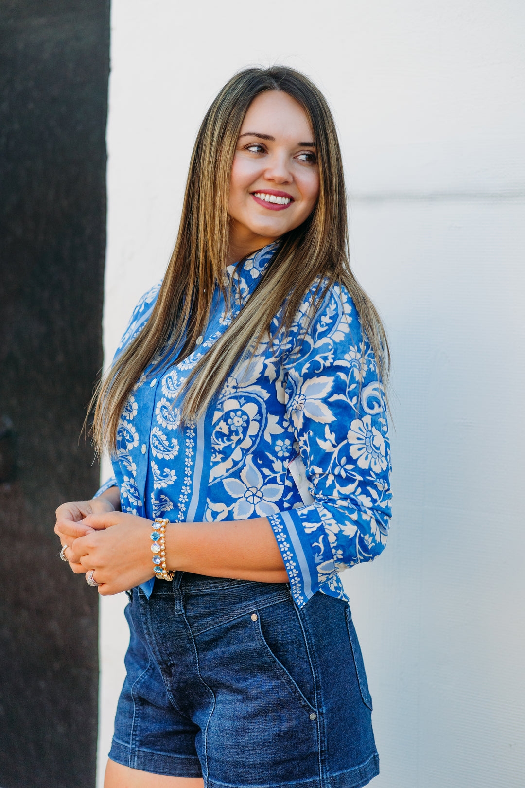 Karen Kane: Ruched Sleeve Shirt in Floral Paisley Print