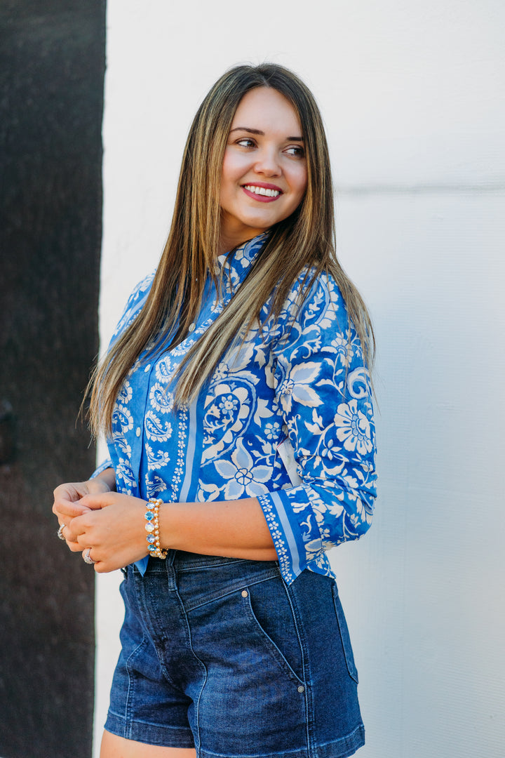 Karen Kane: Ruched Sleeve Shirt in Floral Paisley Print