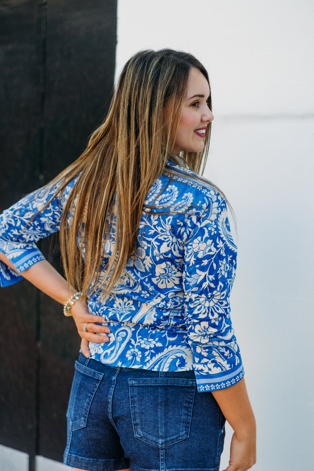 Karen Kane: Ruched Sleeve Shirt in Floral Paisley Print