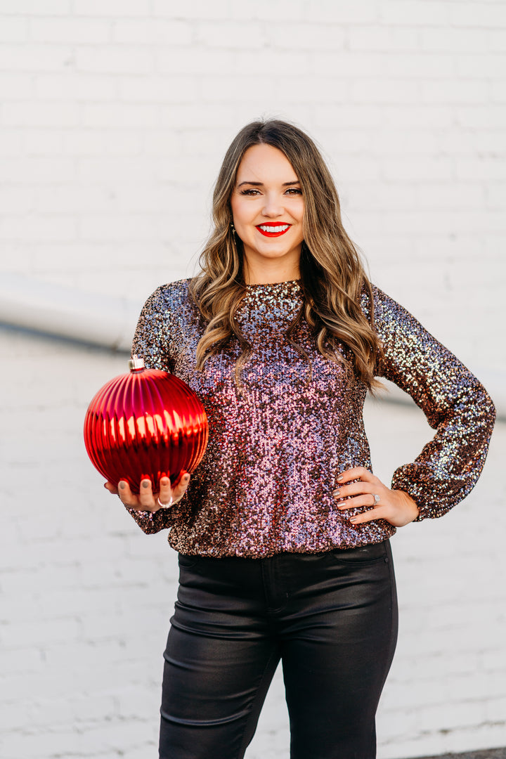 Karen Kane: Sequin Boatneck Top in Copper 3L30500