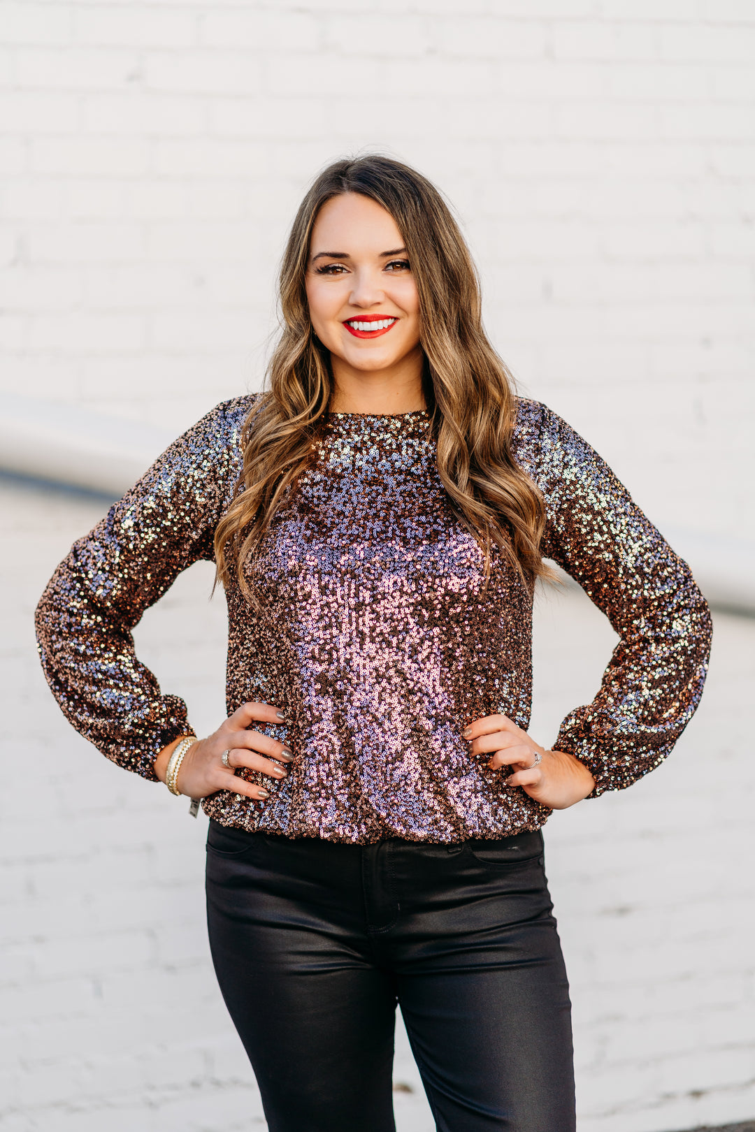 Karen Kane: Sequin Boatneck Top in Copper 3L30500
