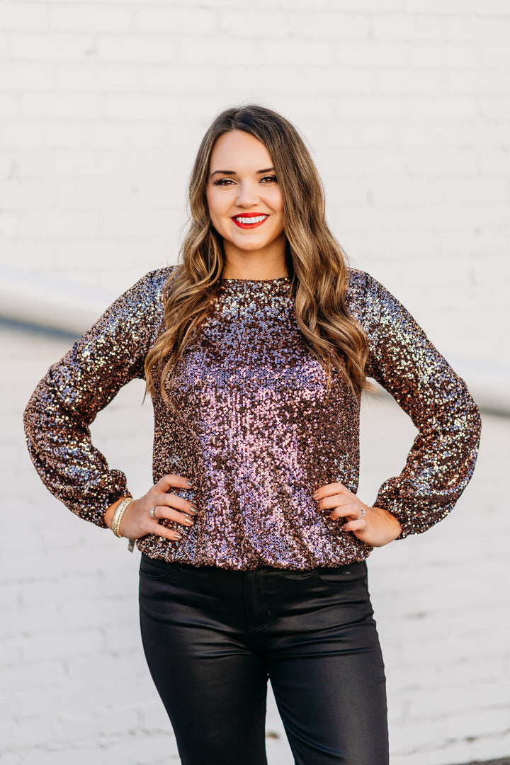 Karen Kane: Sequin Boatneck Top in Copper 3L30500