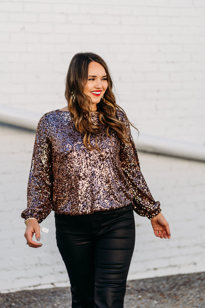 Karen Kane: Sequin Boatneck Top in Copper 3L30500