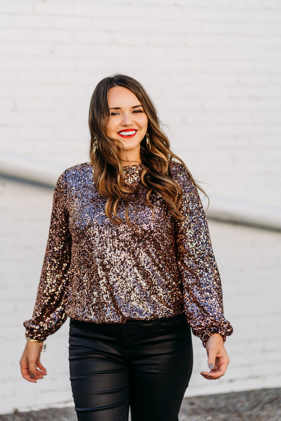 Karen Kane: Sequin Boatneck Top in Copper 3L30500